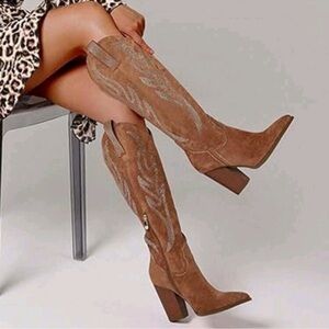 NEW KNEE-HI EMBROIDERY CHUNKY HEEL METALLIC POINTED TOE VINTAGE COWBOY BOOTS